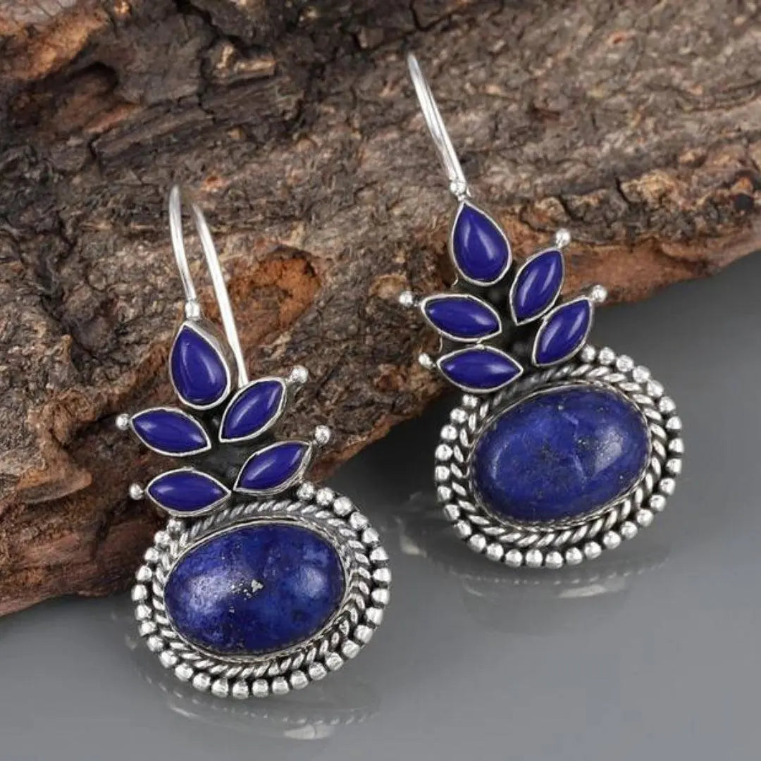 Boho øreringe med blå opal og sterlingsølv blomster