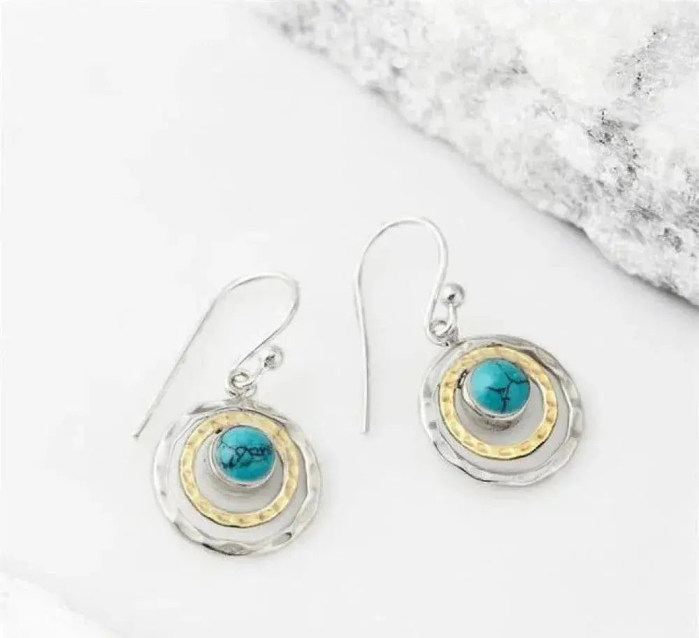 Boho saturn øreringe med turquoise sten i sølv og guld