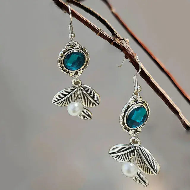 Vintage perle blå krystal blad øreringe