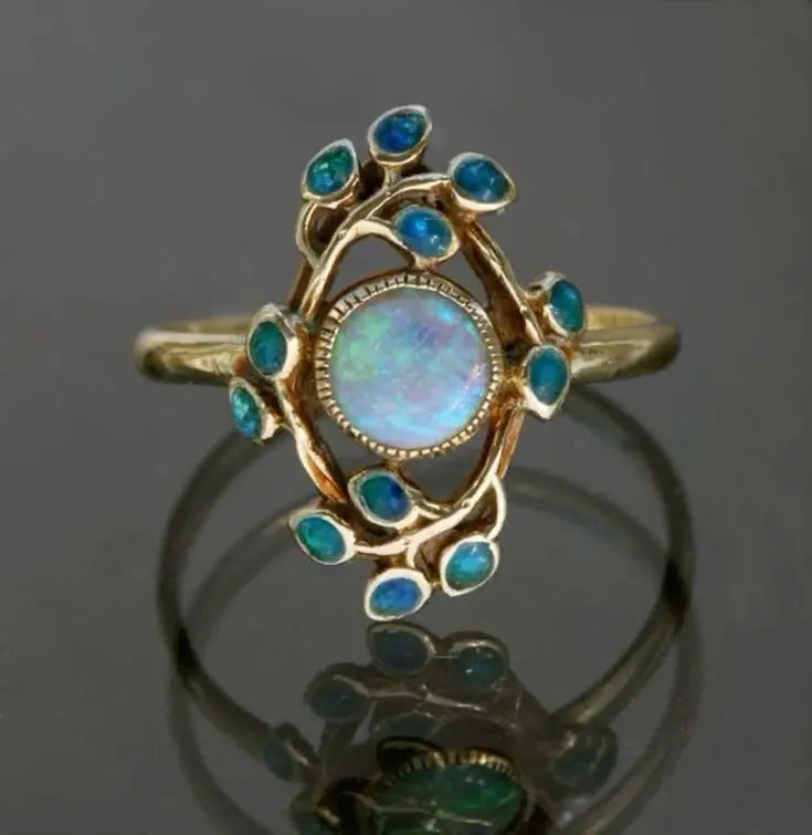 Blå Ring Vintage Krystaller og Opal