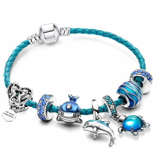 Ocean Style armbånd + charms inkluderet i læder og sølv