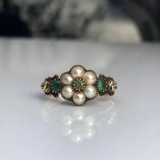 Vintage grøn perleblomst ring