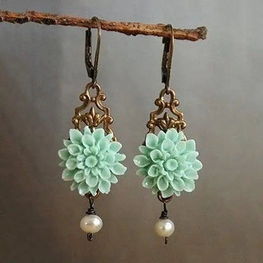 Boho øreringe med turkis blomst og perle