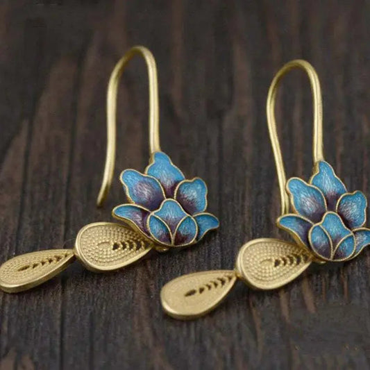 Blå Lotus Boho Øreringe i Guld