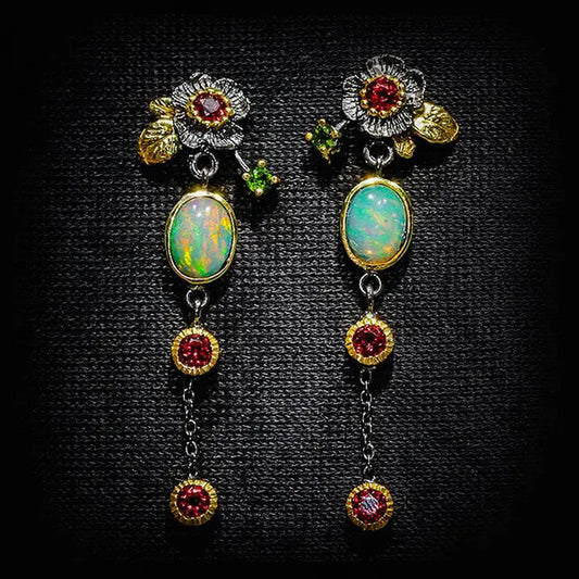 Boho øreringe med opal og rød zirkonia