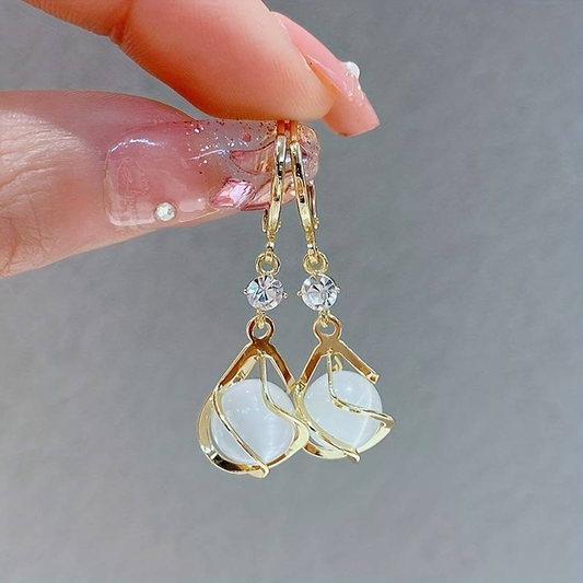 Vintage Hvide Opal Dangle Gyldne Øreringe