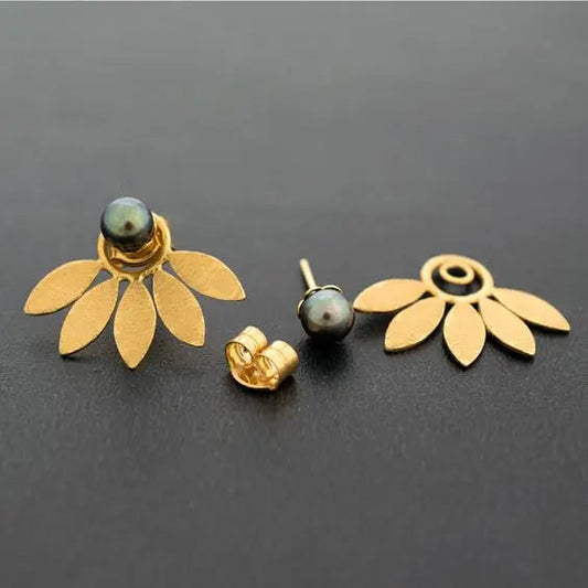 Vintage gyldne blad mørke perle øreringe
