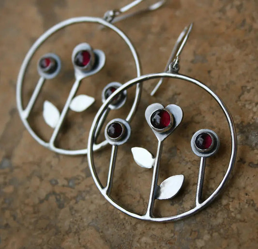 Vintage Hjerte Røde Blomster Øreringe