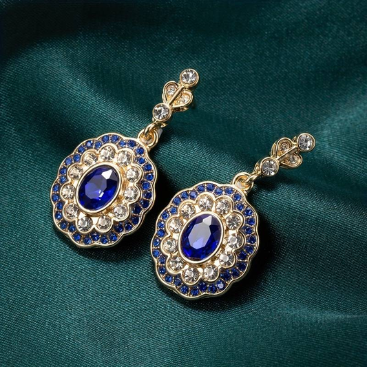 Blå Krystal Mandala Øreringe i Vintage Guld