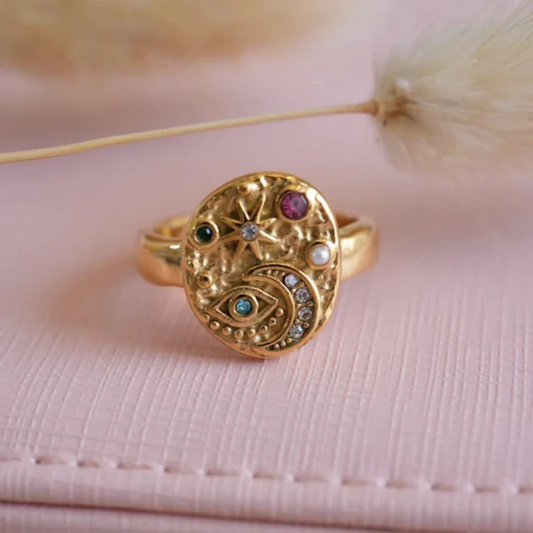 Vintage Guld Farverig Indlagt Sten Ring