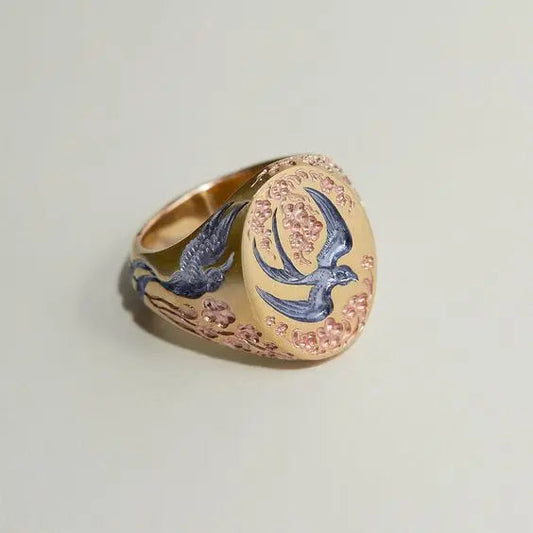 Vintage Blå Guld Kolibri Ring
