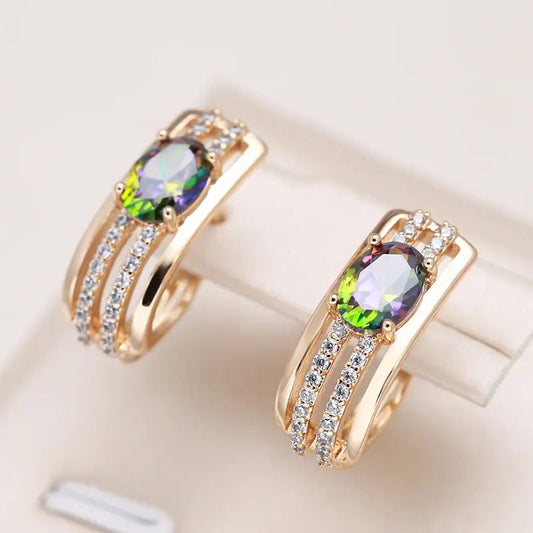 Elegante øreringe med zirconia og grøn krystal i guld